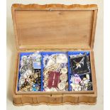 Job lot collection of costume jewellery and trinkets: Contained within a carved wooden jewel casket,