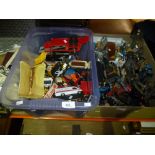 A box of play figures to include Lord of the Rings, Wrestles plus a box of die cast vehicles