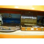 Cased Walker and Hall stainless steel cutlery set to serve 6 with oak and white metal tray etc