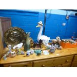 Quantity of ceramic animals plus a box of brass items