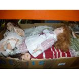 Two boxes of modern dolls and three boxes of sundry items