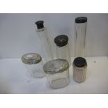 Collection of glass toilet jars with silver lids one A/F together with a glass sugar sifter with