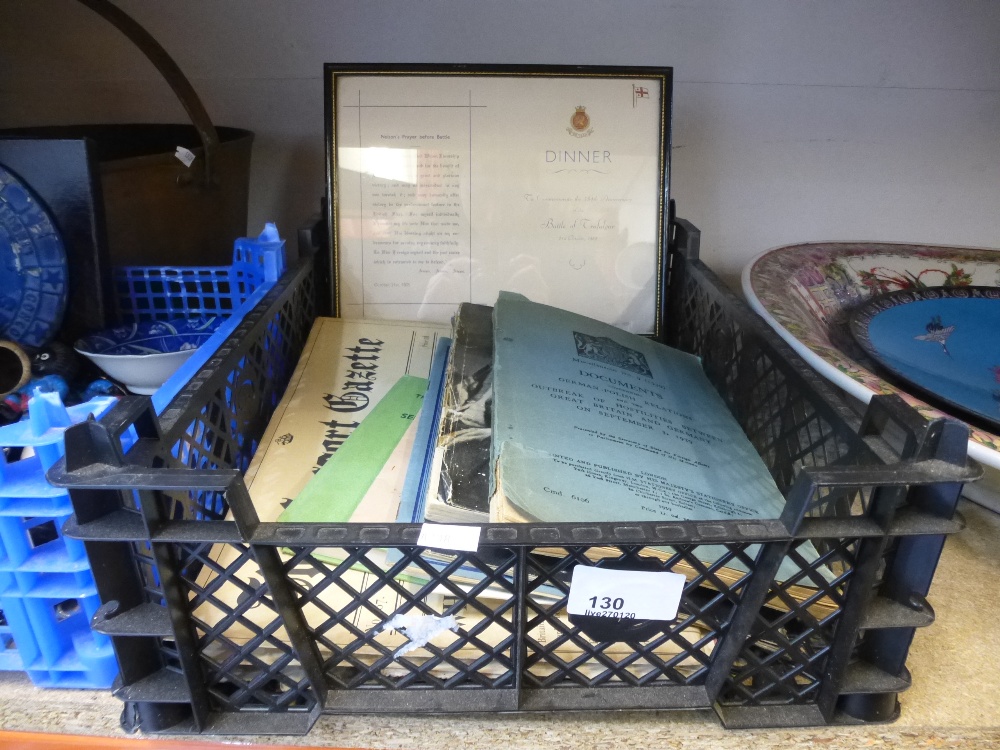 Small crate of ephemera including paper clippings, photograph, cruise memorabilia & War pamphlets