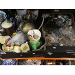 Two boxes of china, glass and sundries to include cups, hand mirror, silver plated ware etc.
