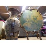 Large ceramic vase, brass oil lamps, fire screen etc.