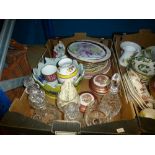 3 boxes of assorted china and glass to include plates, chargers, Masons etc.