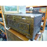 Carved wood blanket box with bird and flower design