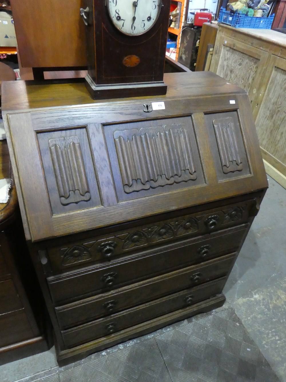 A stag writing bureau with 3 short over 2 long drawers together with an old charm example - Image 2 of 2
