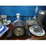 A mixed lot to include blue and white ceramics oak cased mantle clock, arts & crafts style pewter