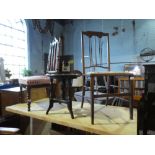 Small wooden wine table with two chairs both having tapestry seats