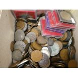 Box of old English & other coins, notes etc.