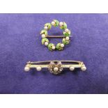 Edwardian yellow coloured metal brooch, Horseshoe design set with diamonds & seed pearls, unmarked &