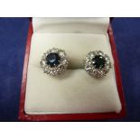 Pair of sapphire and diamond cluster style ear studs set in white coloured metal unmarked 10cm