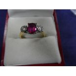 Ruby & diamond ring on an 18ct yellow gold shank stamped 18ct & PLAT, size P, gross weight 2.7g