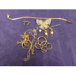 14K triple gold butterfly brooch, 9ct yellow gold neckcahins, tie pin, hoop earrings etc.