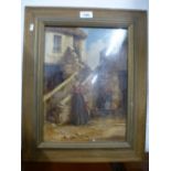 A late William Henry Hopkins Victorian oil painting of young female & boy in yard Mevagissey, signed