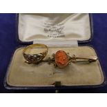 19th century rose gold bar brooch inset with a carved coral cameo in leather box together with a 9ct