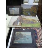 Cecil Ackland Hunt; an oil of rocky shoreline, a pastel landscape and three other unframed oils