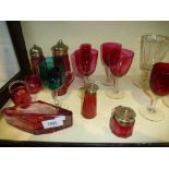 A selection of cranberry glass, three Victorian goblets and other glassware.