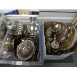 Two boxes of silver plated items including teapot, toast racks, entree dish etc.