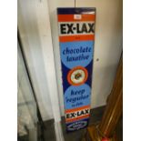 Vintage enamel advertising sign for EX-LAX, chocolate laxative, thermometer missing replaced with