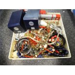 Box of costume jewellery including His and Hers Sekonda wristwatches, etc
