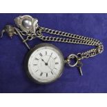 Late Victorian Chester silver cased chronograph pocket watch with key and silver watchchain