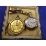 Edwardian lady's pocket watch in a 9ct rose gold case with enamel flower decoration to back of case,
