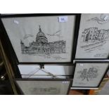 Four framed needlework pictures of historic buildings