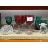 A small quantity of coloured glasses, Royal Doulton glass dish, Swarovski, ornament