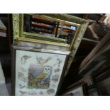 A large gilt framed mirror and an assortment of pictures to include an oriental silk, cross