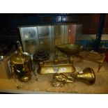 A set of brass scales brass kettle on a stand, elephant door knocker etc.