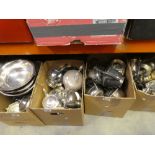 Four boxes of mixed silver plate, to include tea pots, bowls, etc