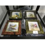 Set of 4 Royal Worcester porcelain tiles, hand painted with native English birds by N. Creed