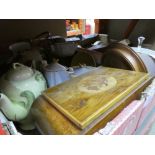 Two boxes of china, glass and sundries including wooden boxes, tea pots, playing cards, etc