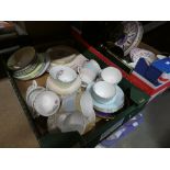 Two boxes of mixed china to include Aynsley cups and saucers, Grosvenor, Royal Stafford, etc