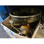 A box of mixed metalware to include large brass bowl, copper oil can, scales and weights, oil