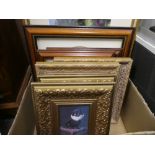 A small box of framed pictures to include embroidery by Jean Wilson, Daschund and Boxer prints, etc