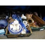 Four boxes of mixed items including wooden boxes, china plates, jugs, silver plate, etc