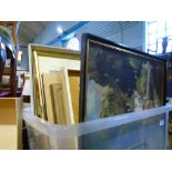 Two boxes of mixed prints, paintings, watercolours, etc and a collection of loose examples