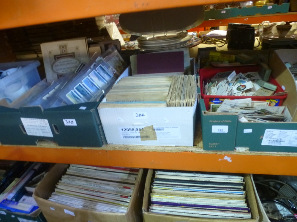 Three boxes of loose, boxed and cigarette cards - in an album - covering a variety of themes to