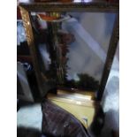 Large gilt framed oil painting with a bag of picture frames
