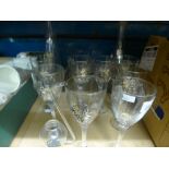 A set of wine glasses with metal grape decoration and 3 wine decanters, etc