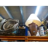 Quantity of wicker baskets, 2 pottery lights, brass example, etc