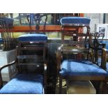 Set of 7 blue upholstered mahogany framed dining chairs including 2 armchairs