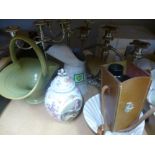 Three silver plate candleabras and a single cased binocula, vintage BP can, etc
