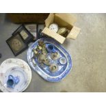 Two blue and white charger plates, pictures, binoculars, clock parts, candle sticks etc