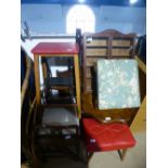 Mahogany piano stool, red leather footstool, wall hanging glazed cabinet, occasional table etc