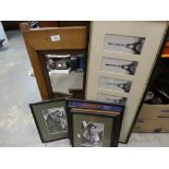 Oak framed bevelled wall mirror, 2 music related framed pictures, etc