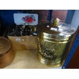 A box of mixed metal ware with coal bucket and binoculars